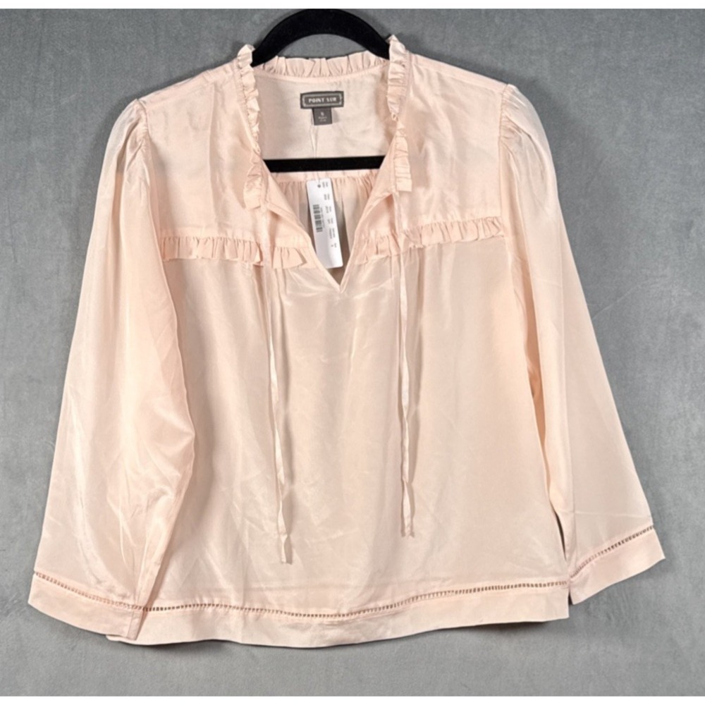 Point‎ Sur J Crew Blouse Women's Pink Silk Peasant Ruffle Long Sleeve Sz S NWT